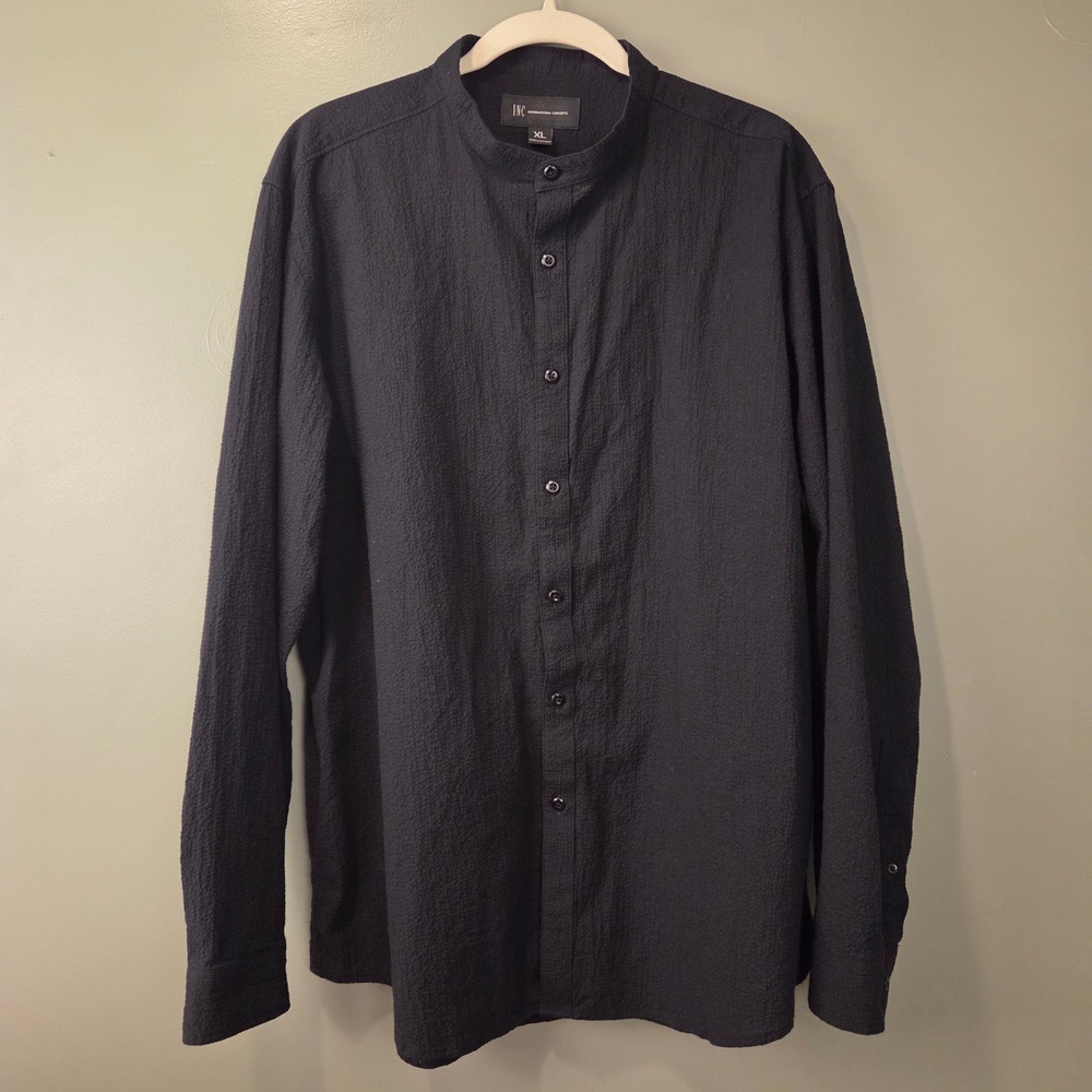INC Men's Textured Collarless Long Sleeve Button Up Shirt Size XL Black